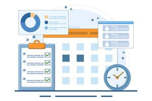 Business planning concept, business team working with online digital calendar. Planning Schedule, Leaving Notes, Managing and Organizing Work and Time. Time management. Flat illustration. vector