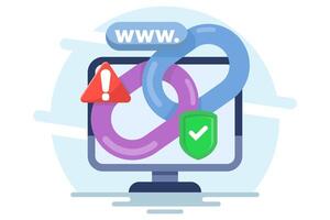concept of protection from malicious links. unsafe website addresses. dangerous and suspicious url addresses. chain with shield symbol and warning sign. flat illustration. vector
