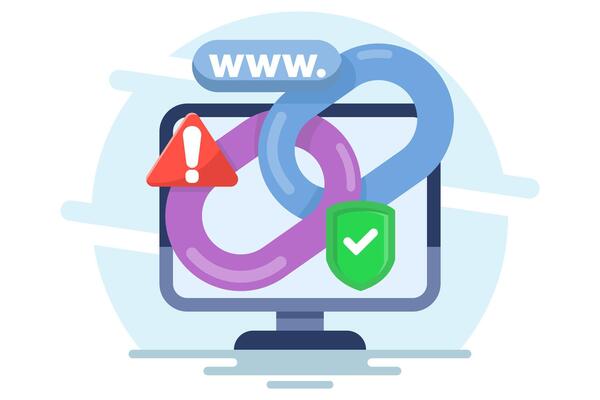 concept of protection from malicious links. unsafe website addresses. dangerous and suspicious url addresses. chain with shield symbol and warning sign. flat illustration.