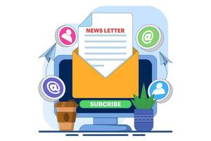 Newsletter subscription concept, Open envelope with document on device screen, Email marketing. Template for mailing and newsletters. illustration for online marketing and business. vector