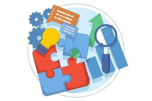 Business solutions and support concept, problem solving and decision making, innovative ideas. Connecting puzzle elements, team metaphor, business approach, brainstorming. illustration. vector