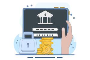 Safe and secure financial app concept, Smart phone with gold coin and key, secure payment, money protection and financial security. digital marketing. flat illustration. vector
