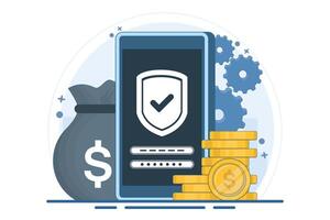 Safe and secure financial app concept, Smart phone with gold coin and key, secure payment, money protection and financial security. digital marketing. flat illustration. vector