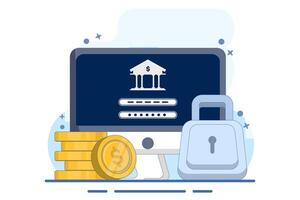 Safe and secure financial app concept, Smart phone with gold coin and key, secure payment, money protection and financial security. digital marketing. flat illustration. vector
