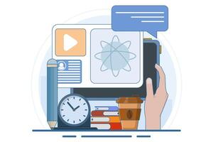 Modern online education concept for website banner. e-learning, internet courses, applied learning, university studies, classroom, tutorials, library on computer. flat illustration. vector