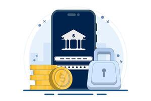 Safe and secure financial app concept, Smart phone with gold coin and key, secure payment, money protection and financial security. digital marketing. flat illustration. vector
