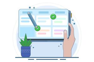 Schedule planning concept. flat illustration banner. Work tasks, filling checklist, making schedule using calendar. To-do list. Business and organization. Flat illustration. vector