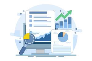 Business data analysis report concept, Business people analyzing business report, Business, financial growth analysis, Analysis software, flat illustration on background. vector