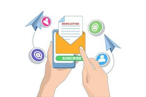 Newsletter subscription concept, Open envelope with document on device screen, Email marketing. Template for mailing and newsletters. illustration for online marketing and business. vector