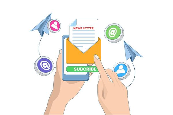 Newsletter subscription concept, Open envelope with document on device screen, Email marketing. Template for mailing and newsletters. illustration for online marketing and business.