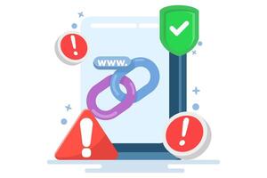 concept of protection from malicious links. unsafe website addresses. dangerous and suspicious url addresses. chain with shield symbol and warning sign. flat illustration. vector