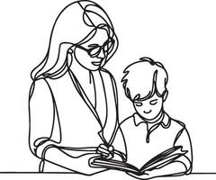Mother Teach Kid Read Book Line Art. vector