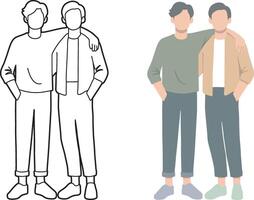 Front View of Two Friends Together Illustration. Arm Around Each Other's Shoulder. vector
