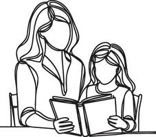 Mother Teach Kid Read Book Line Art. vector
