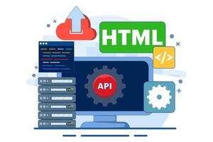 Application Programming Interface Concept, API provides an interface for communication between applications, software development tools, the Internet and networks, flat illustration. vector