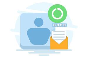 account recovery service concept. recover account information data. sync. profile symbol, with repeating arrows, and information symbol. flat illustration on background. vector