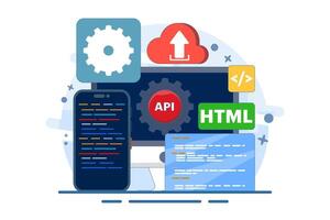 Application Programming Interface Concept, API provides an interface for communication between applications, software development tools, the Internet and networks, flat illustration. vector
