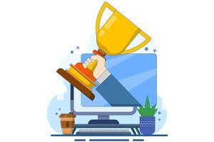 Online web award concept or digital internet website winner winning prize on laptop computer, flat cartoon winning gold trophy, championship competition prize, contest challenge winner. vector