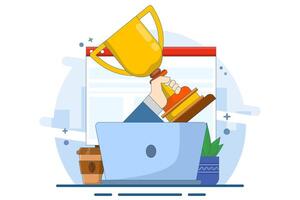 Online web award concept or digital internet website winner winning prize on laptop computer, flat cartoon winning gold trophy, championship competition prize, contest challenge winner. vector