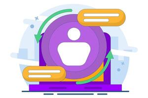 account recovery service concept. recover account information data. sync. profile symbol, with repeating arrows, and information symbol. flat illustration on background. vector