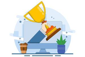 Online web award concept or digital internet website winner winning prize on laptop computer, flat cartoon winning gold trophy, championship competition prize, contest challenge winner. vector