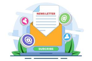 Newsletter subscription concept, Open envelope with document on device screen, Email marketing. Template for mailing and newsletters. illustration for online marketing and business. vector
