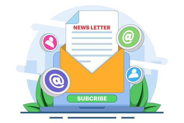 Newsletter subscription concept, Open envelope with document on device screen, Email marketing. Template for mailing and newsletters. illustration for online marketing and business.