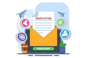 Newsletter subscription concept, Open envelope with document on device screen, Email marketing. Template for mailing and newsletters. illustration for online marketing and business. vector