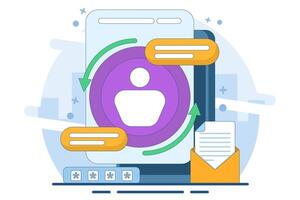 account recovery service concept. recover account information data. sync. profile symbol, with repeating arrows, and information symbol. flat illustration on background. vector