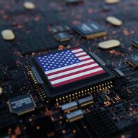 Flag of USA on a processor, CPU or Chip photo