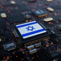 Flag of Israel on a processor, CPU or Chip photo