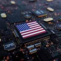 Flag of USA on a processor, CPU or Chip photo