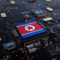 Flag of North Korea on a processor, CPU or Chip photo