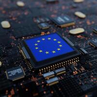 Flag of EU on a processor, CPU or Chip photo