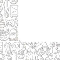 Halloween minimalist square poster, space for text. Corner frame with spooky gray icons from pumpkin, ghost, skull and bones, bat. For card, banner, invitation, social media, party or note vector