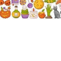 Halloween square poster, space for text. Upper frame with spooky, scary colorful icons from zombie hand, cat, sweets, pumpkin. For card, banner, invitation, social media, party or note vector