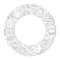 Halloween minimalist design, round frame with space for text in the middle. Geometric shape with spooky gray icons. Flat illustration for greeting card, invitation, print, social media, poster vector