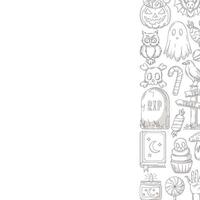 Halloween minimalist square poster, space for text. Right side frame with spooky, scary gray icons from pumpkin, ghost, spell book. For card, banner, invitation, social media, party or note vector