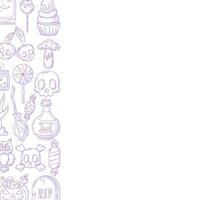 Halloween minimalist square poster, space for text. Left side frame with spooky, scary purple icons from pumpkin, skull, bones, broom. For card, banner, invitation, social media, party or note vector