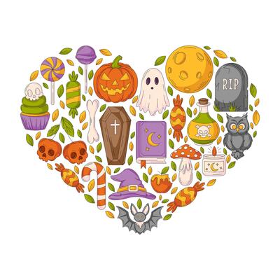 Halloween design in heart shape. Geometric figure with spooky, scary icons, pumpkin, sweets, bat, ghost. Holiday flat illustration for greeting card, invitation, print, social media, poster