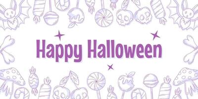 Happy Halloween minimalist background, horizontal greeting card with sweets frame. Candies, lollipop, skull shape cherry, bones and bat. Flat illustration for party, invitation, poster, banner vector