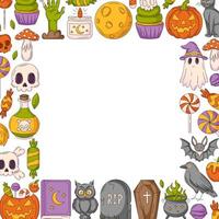 Halloween square poster, space for text in the middle. Colorful frame with spooky, scary icons from pumpkin, ghost, skull and bones. For card, banner, invitation, social media, party or note vector