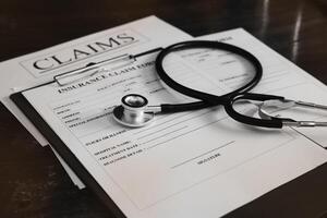 The stethoscope put on blurred Insurance claim form photo