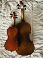 Back side of two violins,different size,put on soft cotton cloth, photo