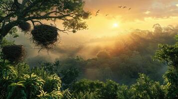 serene sunrise over a lush forest with bird nests nestled in the trees photo