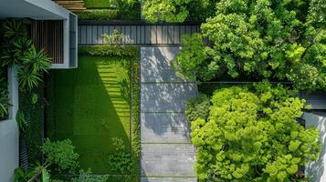 Aerial View of Modern House with Lush Green Garden photo