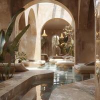 A room with a pool and a lot of plants photo