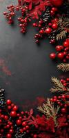 Festive Christmas Background with Red Berries, Pine Branches photo