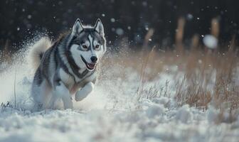 A dog is running through the snow with its tongue out photo