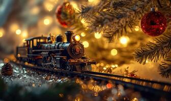 A train is on a track with a Christmas tree in the background photo